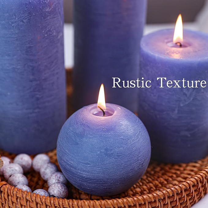 Dark Blue Rustic Textured Pillar Candles Set - 4 Pcs Assorted Sizes Unscented Pillar Candle, Decorative Farmhouse Candles for Home Centerpiece Decor, Holiday Dinner Table, Dripless & Smokeless