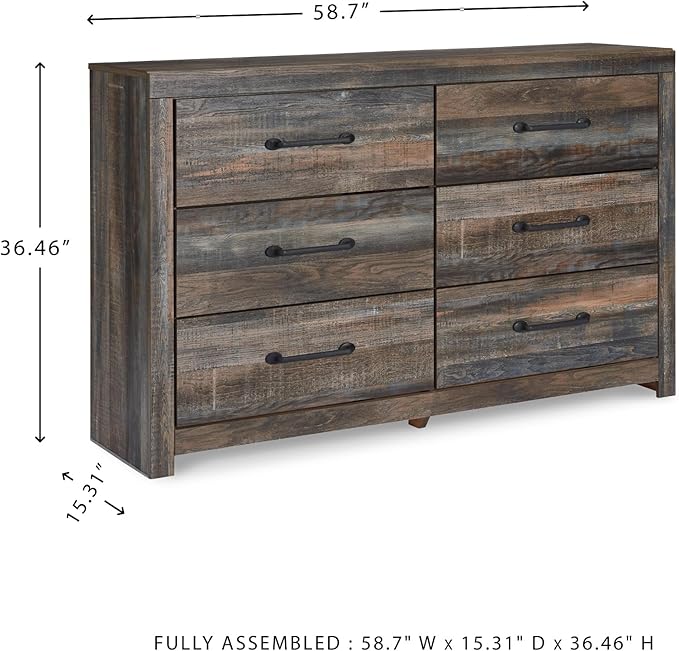 Signature Design by Ashley Drystan 6 Drawer Dresser, Large-scale Hardware, Smooth-gliding Drawers, Wood, 58.7" W x 15.31" D x 36.46" H, Weatherworn Brown