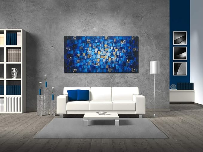 MyArton Large Thick Abstract Dark Blue add Golden&Silver Square Wall Art Hand Painted Artwork Textured Oil Painting on Canvas Framed Ready to Hang 60x30inch