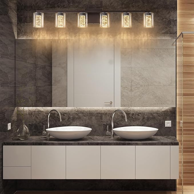SineRise 6-Light Bronze Vanity Light with 3 Color Modes (3000K/4000K/6000K), Eye Protection LED Bathroom Light Fixture, Dimmable Modern Wall Light Over Mirror with Clear Glass Shade
