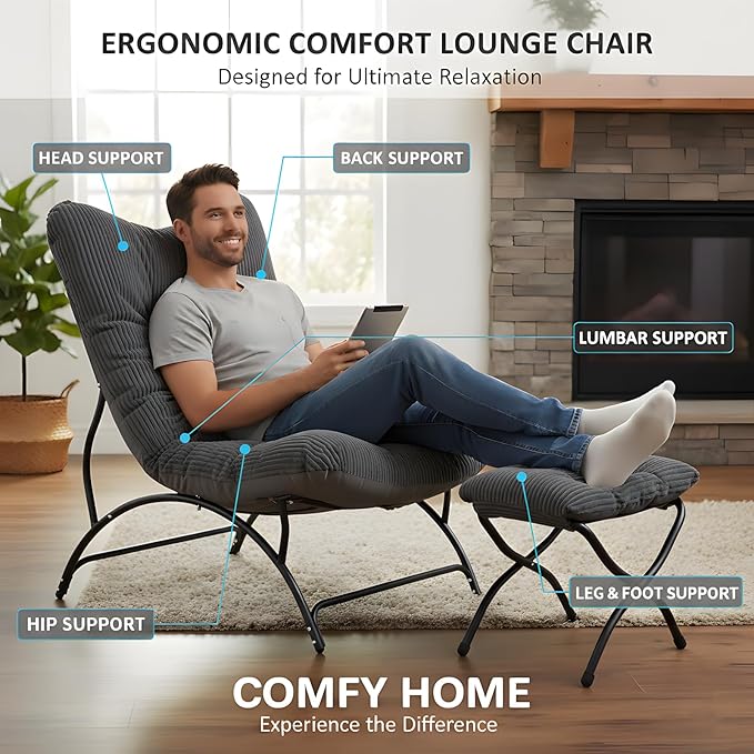 Welnow Modern Accent Chair with Ottoman, Upholstered Comfy Lounge Recliner Sofa, Thick Cushion Oversized Lazy Reading Chair with Footrest for Living Room, Bedroom, Apartment, Office, Dorm, Dark Grey