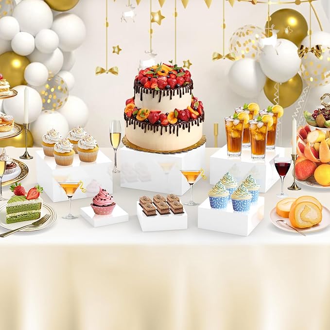 6Pcs White Buffet Risers Set (Size 5",6",7",8",9",10"),Food Risers for Buffet Table Display Stand Shelf for Party Catering Dessert Collectibles Acrylic Cube Boxes Display with Hollow Bottoms