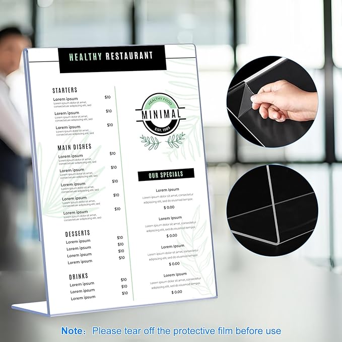 12 Pack Acrylic Sign Holder 8.5 x 11, Clear Plastic Display Stands for Tabletop, L-Shape Acrylic Stands for Flyers, Documents, Office, Restaurants, Vertical Sign Holder 8.5x11 for Desktop