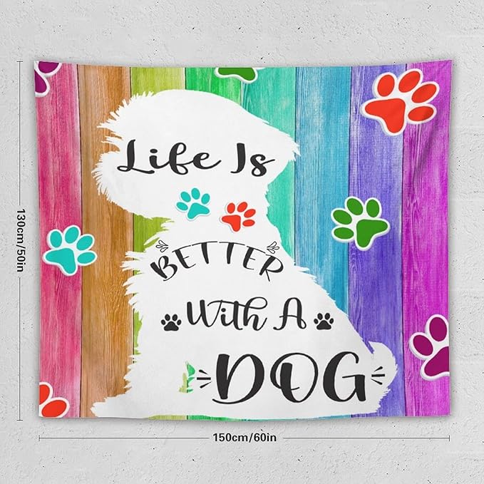 VUMIVI Cute Dog Tapestry Rainbow Color Planks Rustic Farmhouse Home Decor Pet Paws Tapestry Wall Hanging for Living Room Bedroom Dorm Classroom Aesthetic Decor W60xL50in