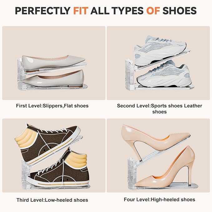 Neprock Shoe Slots Organizer for Closet,12 Pack Acrylic Shoe Stackers for A Pair of Shoes,3 Levels Adjustable Shoe Rack Storage Shoe Space Saver 50%(Clear,12 Pack)