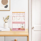 Lolalet 4-Tier Jewelry Organizer Stand with 12 Hooks, Necklace Bracelet Ring & Sunglasses Holder, Cute Metal Jewelry Storage Rack for Vanity, Dresser or Entryway, No Assembly -Pink