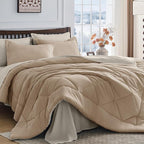 HEVUMYI Khaki & Linen California King Comforter Set - 7-Piece All Season Bed in a Bag Cal King, Ultra Soft Bedding Set with Comforter, Flat Sheet, Fitted Sheet, Pillowcases, Pillow Shams