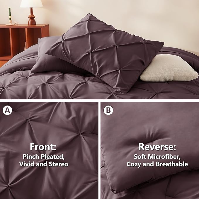 CozyLux Full Size Comforter Sets Cocoa Powder, 7 Pieces Pintuck Bed in A Bag Cocoa Powder Comforter Full Size, Pinch Pleat Bedding Sets with All Season Comforter, Sheets, Pillowcases & Shams