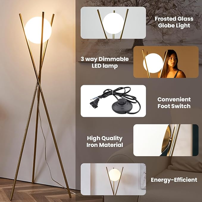 Ozarke Solstice Modern Frosted Glass Globe Floor Lamp (165cm) Contemporary LED Dimmable Lighting for Bedroom, Living Room, Hotel & Home Office (Gold)