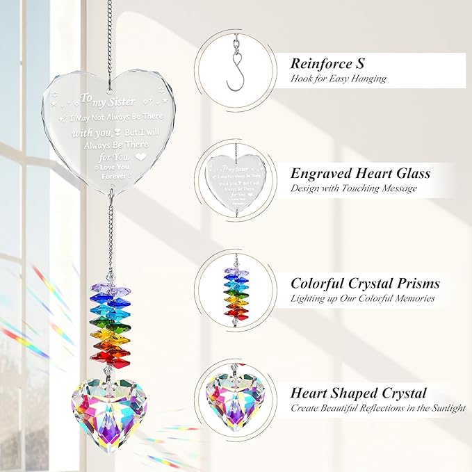 Suncatcher Gifts for Sister, Crystal Suncatcher Gift for Sister Birthday, Personalized Crystal Heart Ornaments Hanging for Windows, to My Sisters' Present Unique Gifts for Sisters