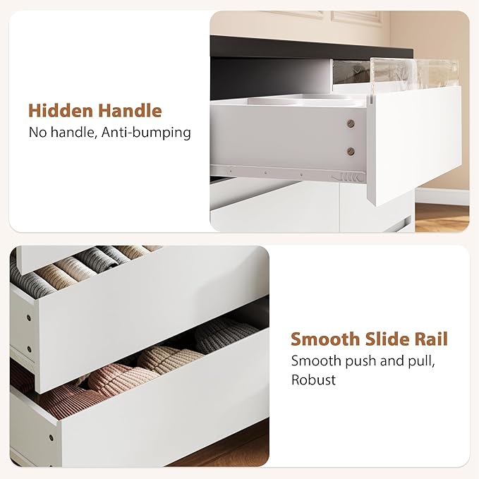 Modern LED 6 Drawer Dresser for Bedroom, White Large Chest of Drawers with Hidden Handles, Long Double Wooden Dresser Closet for Living Room, Entryway, Hallway - White