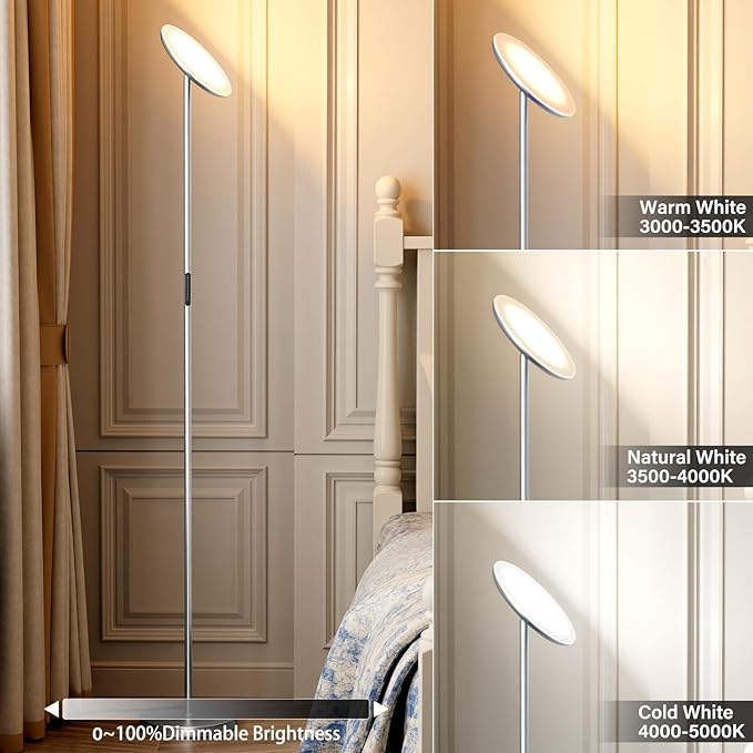 Modern LED Floor Lamp - Remote & Touch Control, 36W/1500LM Sky Torchiere Standing Lamp, Fully Dimmable, 3 Color Temperatures, Ideal for Living Room & Bedroom, Easy to Assemble(Grey)