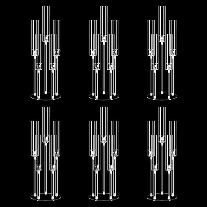 Clear 5 Arms Candlesticks Holder with Acrylic Shade for Wedding Table Decorations,26'' Tall Acrylic Candelabra Centerpieces for Candlelight Dinner Party Fireplace Gift Fit LED Candle（6 Pcs）