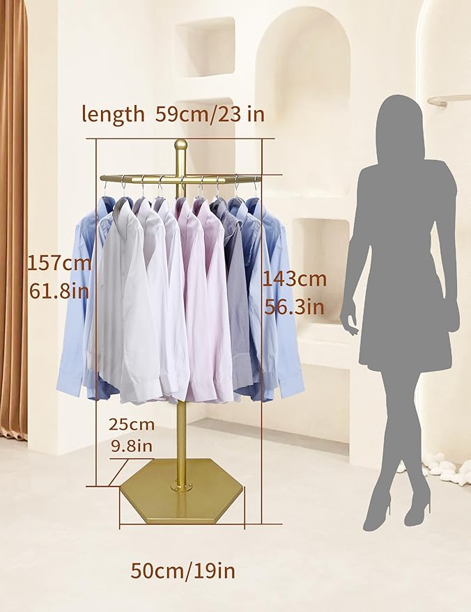 Heavy-Duty Metal Rotating Clothes Rack，Rack Load 200lbs,Gold Round Clothing Rack，Retail Clothing & Garment Racks,With Adjustable Pad Base, For Bedroom, Boutique & Laundry Room
