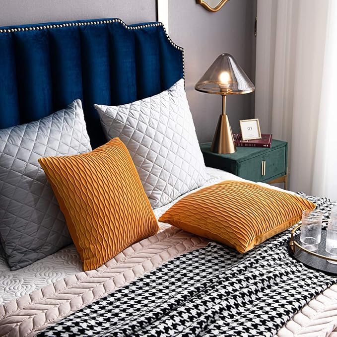 Fall Golden Yellow Couch Pillow Covers: 2 Pack 20x20 Inch Original Striped Velvet Square Throw Pillow Cases for Farmhouse Home Decor
