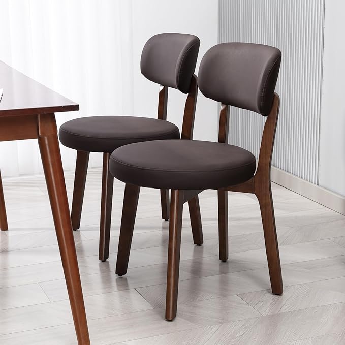Yilaywain Mid-Century Modern Dining Chairs with Rubberwood Frame, Black Faux Leather Upholstered, 250 LBS Weight Capacity, Anti-Slip Protectors (Brown)