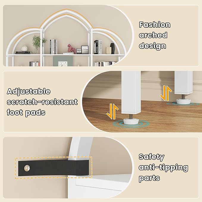 Semoic Arched Bookshelf and Bookcase with 3 Cabinets, Triple Wide 5 Tier Standing Book Shelf, Storage Display Rack Shelves, Industrial Open Bookshelf, Etagere Bookcase, White