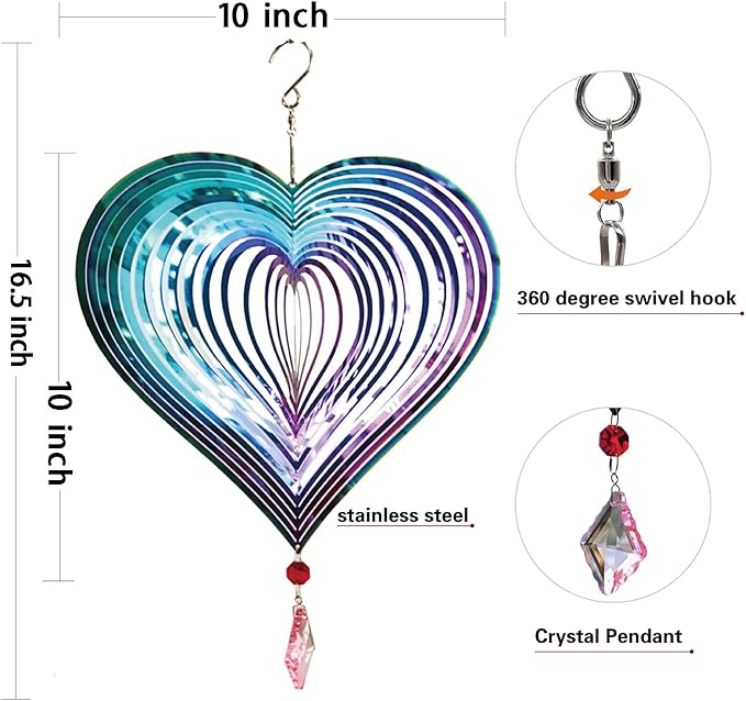 Wind Spinner Outdoor Metal 3D Wind Spinner Hanging Yard Garden Decor Gifts Stainless Steel Heart Pattern Spinners with 360° Rotating Hook