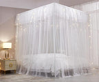 VETHIN 4 Corners Post Ruffle Princess Bed Canopy Curtain-Double Layer Cozy Drape Netting 4 Opening Mosquito Net for Girls Adults Bedroom Decoration (White/White, 53" W*78" L*82"*H/(Full))