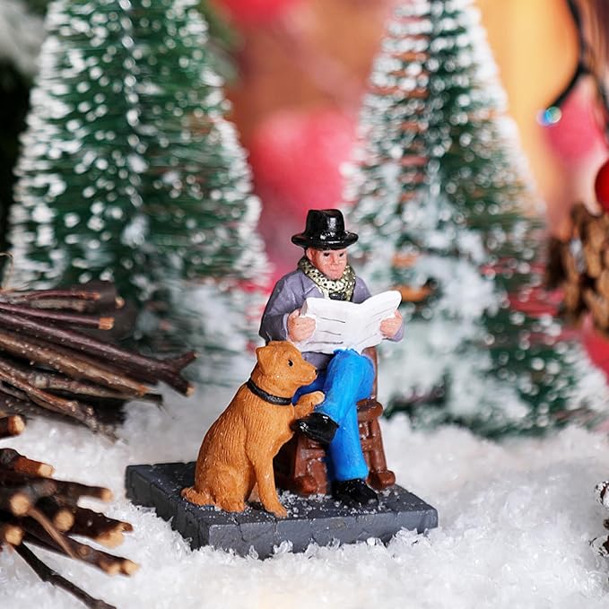 NINIPAPA Christmas Village Accessories Santa's Villages Sets for Christmas Decoration, Relaxed Day Man with Dog Reads Newspaper Santa Resin Christmas Ornaments