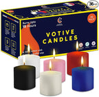 Candle Charisma Multicolor Unscented Votive Candles - 15 Hour Burn time - Set of 36 for Dinner, Wedding, Halloween and Holiday Decorations