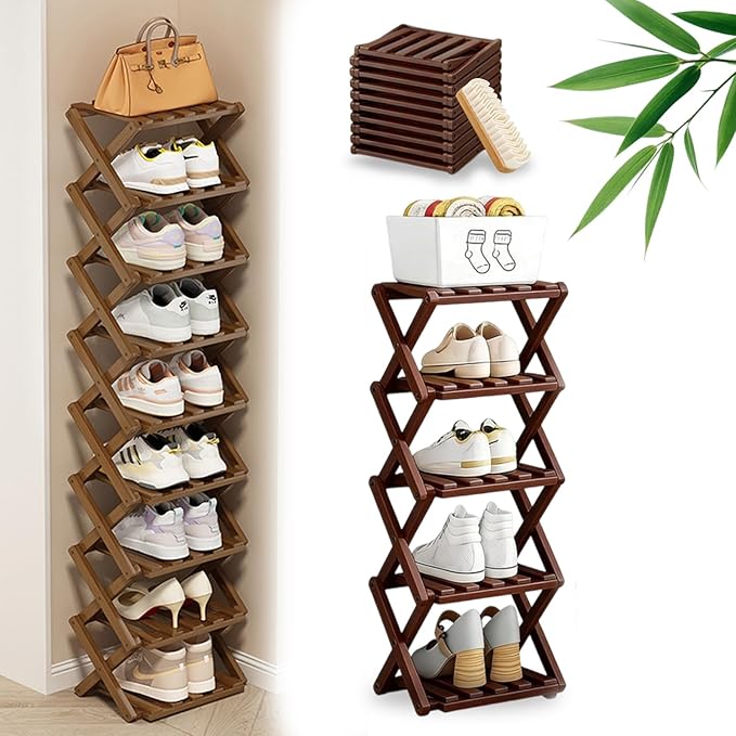 DDRIC 9-Tier No-Assembly Bamboo Rack, 2026 Upgraded Foldable Corner Shoe Rack, Space-Saving Organizer for Shoes, No-Tool Narrow Shelf for Entryway Closet Dorm (Brown,5-Tier)