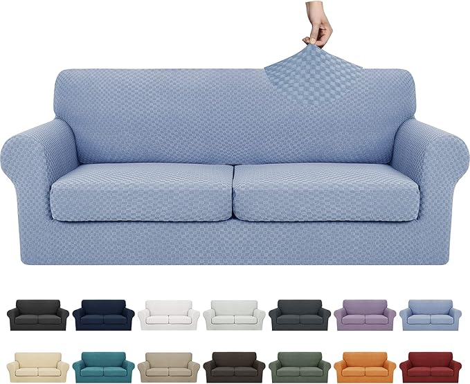 YEMYHOM Latest Checkered 3 Pieces Couch Covers for 2 Cushion Couch High Stretch Sofa Cover with 2 Extra Large Seat Cushion Covers Anti Slip Elastic Slipcovers (Light Blue), 71"-91"(2 Cushions)