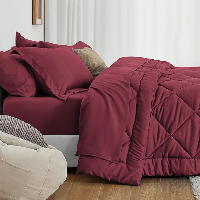 Love's cabin California King Comforter Set Burgundy, 7 Pieces California King Bed in a Bag, All Season Bedding Sets with 1 Comforter, 1 Flat Sheet, 1 Fitted Sheet, 2 Pillowcase and 2 Pillow Sham