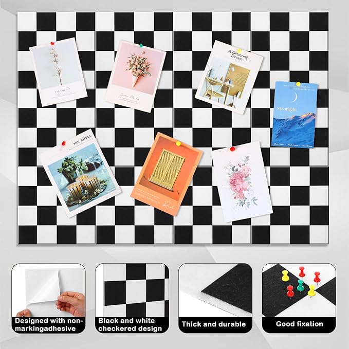 Geyoga 12 Pcs Cork Board for Wall 12 x 12 Inch Retro Black and White Checkered Bulletin Board Acoustic Wall Panels Boho Felt Tiles Cute Self Adhesive Hanging Decor for Office Home Classroom(Classic)