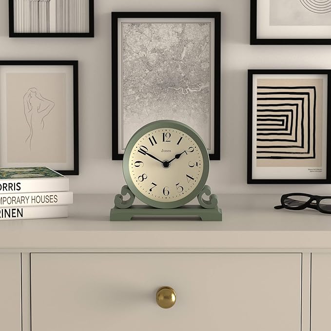 JONES CLOCKS® Saloon Mantel Clock | Traditional Double Scroll Design | Green | Contemporary Classic Style for Desk, Table, Shelf or Bedside