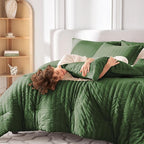 MUXHOMO 7 Pieces King Comforter Set, Seersucker Bed in a Bag King Size, All Season Luxury Bedding Set with Comforter, Flat Sheet, Fitted Sheet, Pillowcases & Shams, Dark Green