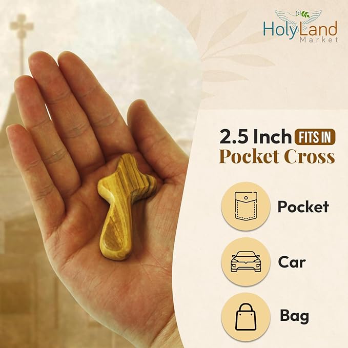 Holy Land Market Olive Wood Crosses - 25 Small 2.5" Pocket Palm Crucifix | Handmade Jerusalem Crosses with Certificates & Lord Prayer Card | Meditation & Prayer Crosses Holy Land Olive Wood Cross x25