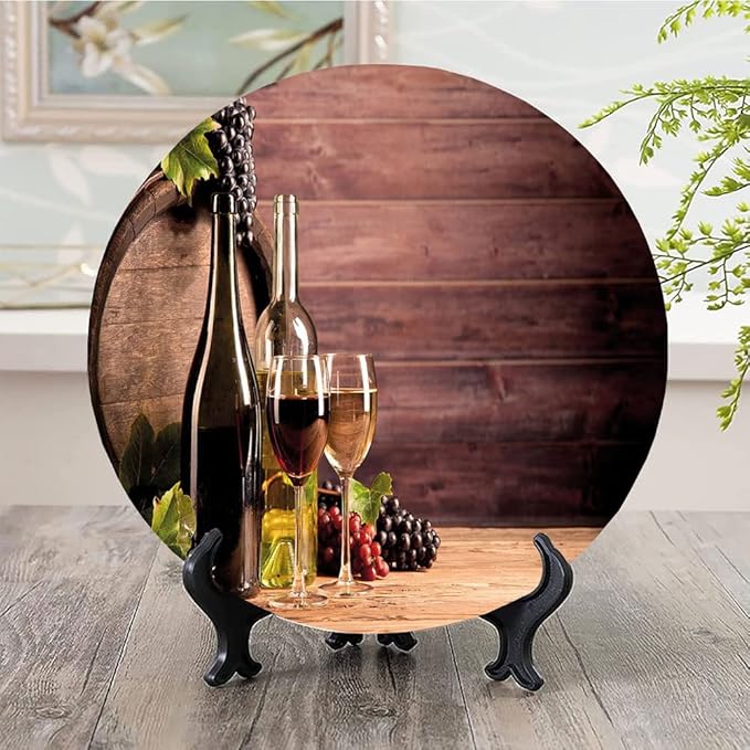 Ceramic Plates, Wine Decorative Ceramic Plates, Still Life of Wine with Wooden Keg Rustic, 8 Inch, Household Plates Decorative, Brown Green Light Brown