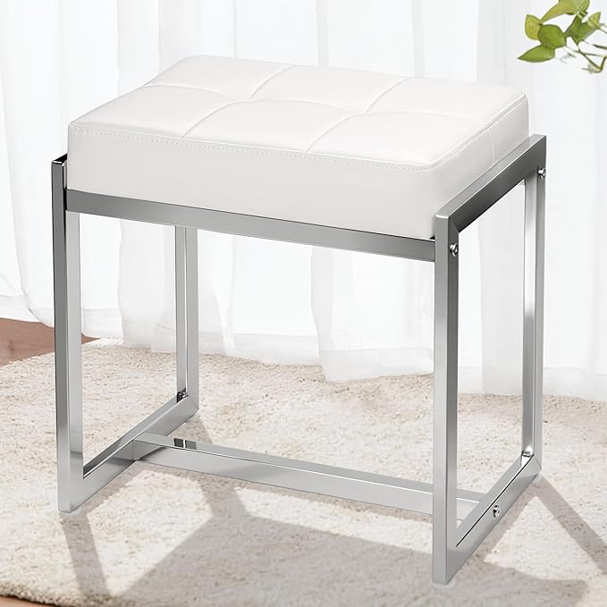 Vanity Stool, Vanity Chair Stools for Makeup Room, Faux Leather Small Makeup Bench, Modern Silver Metal Legs Ottoman Foot Rest for Bedroom Living Room, White & Silver