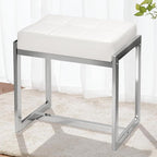 Vanity Stool, Vanity Chair Stools for Makeup Room, Faux Leather Small Makeup Bench, Modern Silver Metal Legs Ottoman Foot Rest for Bedroom Living Room, White & Silver