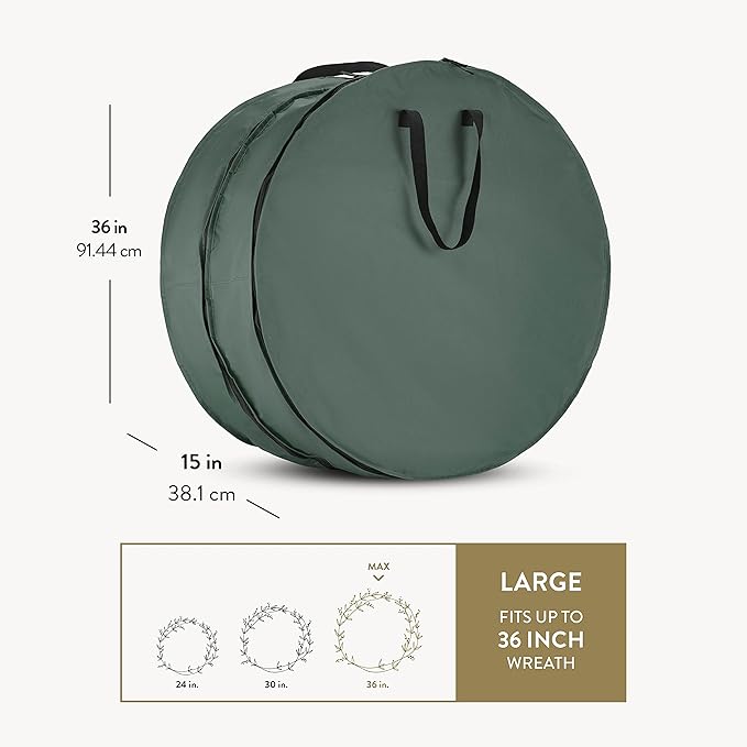 ZOBER Christmas Wreath Storage Container 36 Inch - Wreath Bag Fits 2 Wreaths Box - 600D Oxford Fabric - Interior Compartment for Storing Garlands, Wreaths Storage Bag W Strong Durable Handles - Green