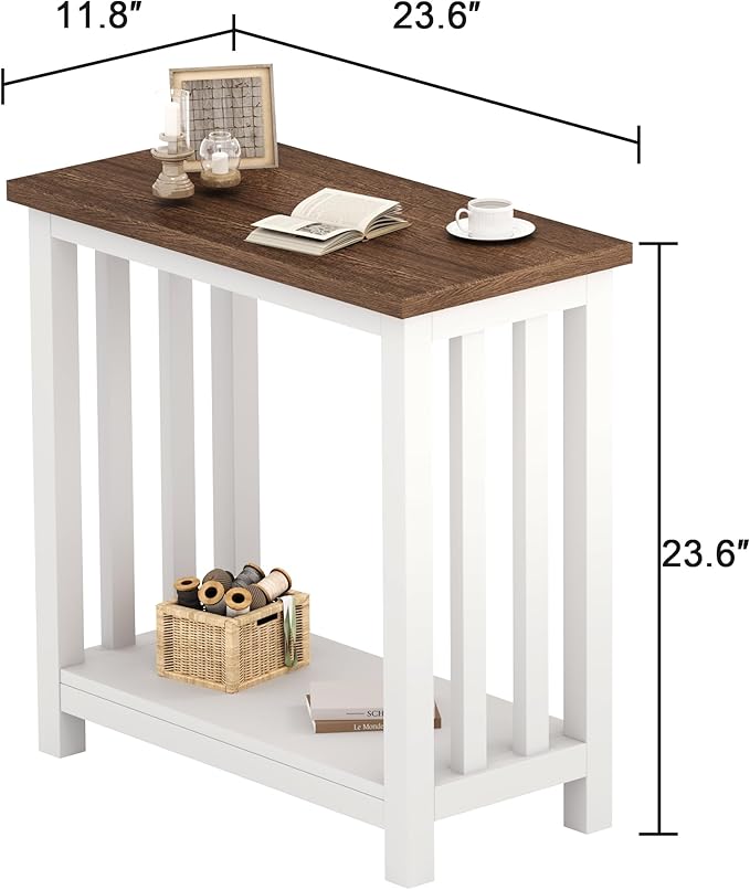 ChooChoo Farmhouse End Tables Set of 2, Narrow Side Tables for Small Spaces, Night Stands with Storage Shelf for Living Room and Bedroom, White and Brown
