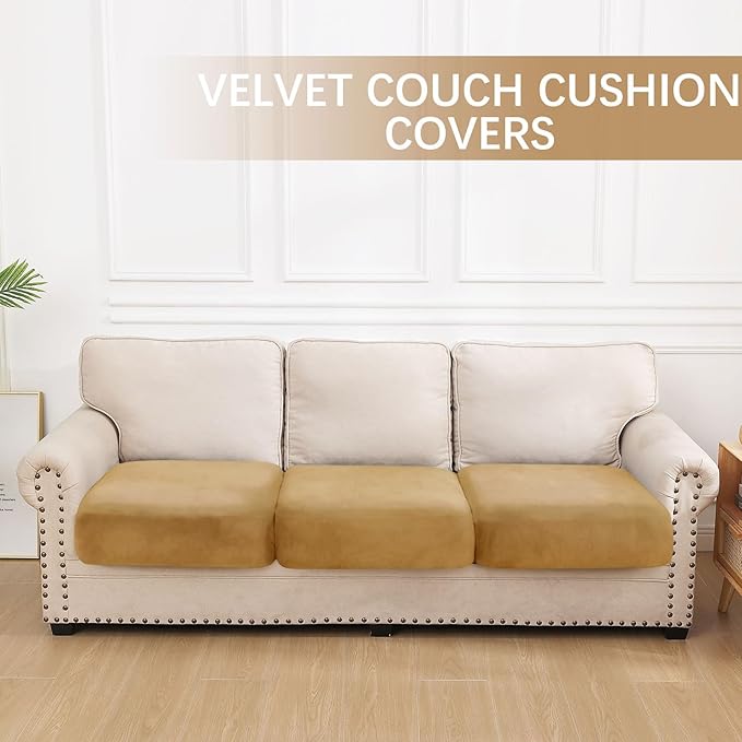 hyha Velvet Couch Cushion Covers, Soft Sofa Seat Covers for sectional 3 Cushion Couch Washable, Magic Sofa Slipcover with Elastic Bottom, Non-Slip Furniture Protector for Pets, Kid(3PC, Camel)