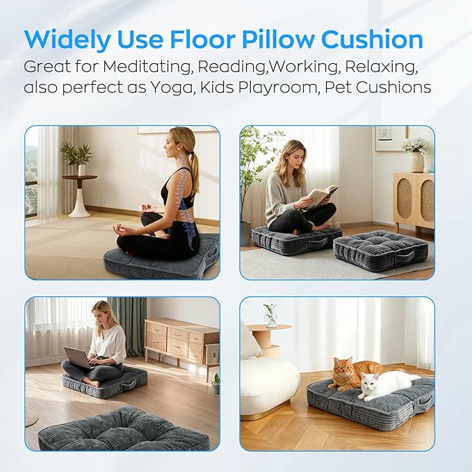 Meditation Floor Pillow Memory Foam Floor Cushions for Adults 22x22+4” Thicken Floor Sitting Large Square Pillows Seating Tufted Corduroy Seat Cushions Machine Washable for Yoga Living Room