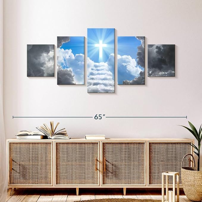 Elephant Stock Stairway To Jesus Christ Wall Art Multi Piece Canvas - 5 Panel Christian Pictures Decor - Digital Design Canvas Print - Christian Wall Decor - 55" X 24"