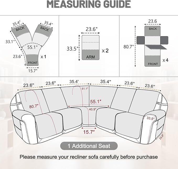 Recliner Sofa Covers 100% Waterproof Recliner Cover Washable Velvet L Shape Recliner Couch Covers for Sofa Pets Anti Slip Recliner Slipcovers with Pockets (5 Seat Sofa, Light Gray)