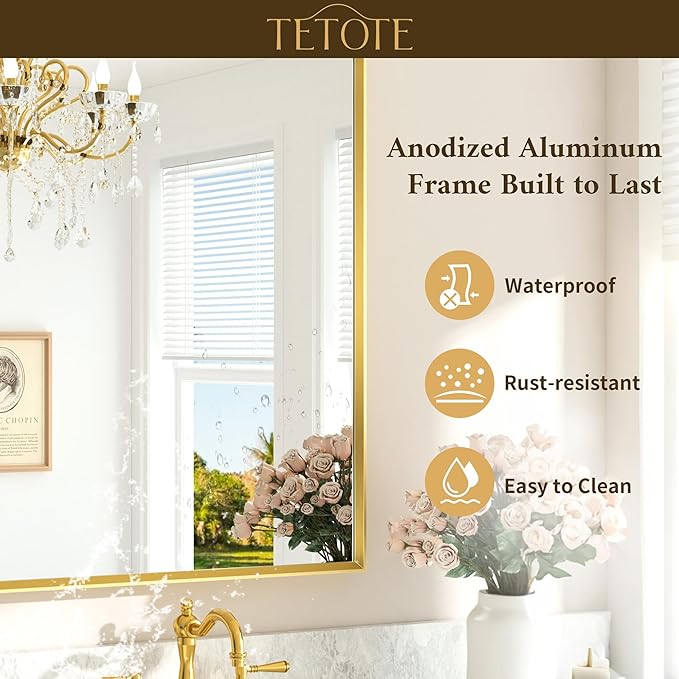 TETOTE Brushed Gold Bathroom Mirror 22" x 30" Brushed Gold Brass Rectangle Beveled Framed Bathroom Vanity Mirror for Over Sink, Tempered Glass, Modern Farmhouse Bedroom, Entryway, Living Room