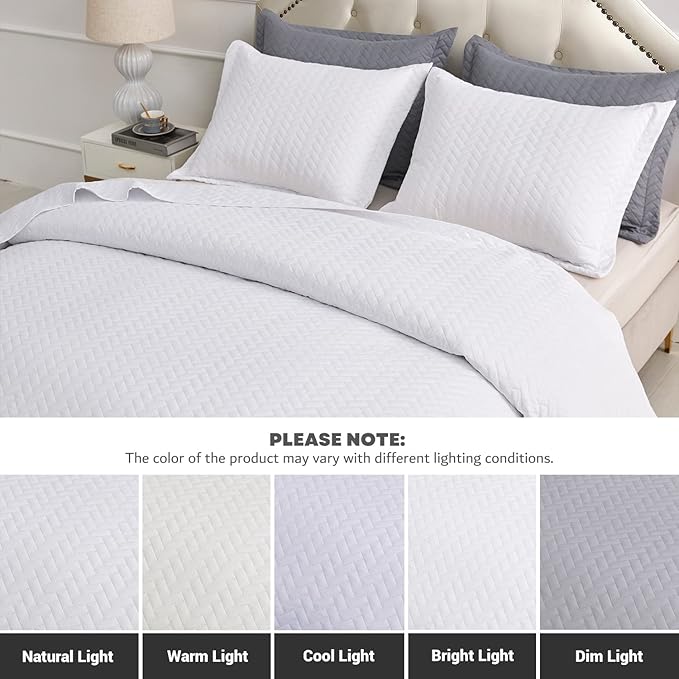 Maple&Stone White Quilt Set Queen Size, Lightweight Bedspread Ultrasonic Chevron Pattern Light Coverlet for All Season Comforter Bedding Decor - 3 Piece Full Bed Cover Sets