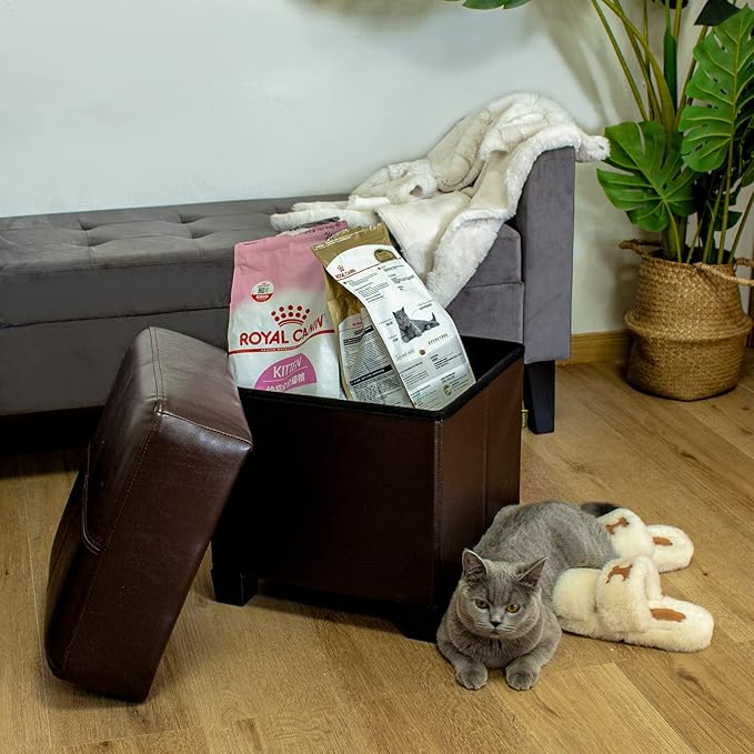 GLAXYFUR Storage Ottoman Cube Folding Footstool PU Leather Bench with Legs, Ottoman with Storage for Living Room, Bedroom, Brown