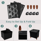 CAROLMADE Folding Storage Ottoman Cube PU Leather Footstool with Wood Legs Ottoman Footrest for Living Room and Bedroom Black, 15x12.6 x 15.4”