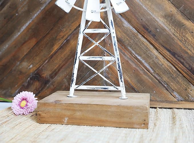 Rustic White Farmhouse Windmill Table Decor - Distressed Metal & Wood Windmill for Kitchen, Living Room, Office, or Shelf Decoration