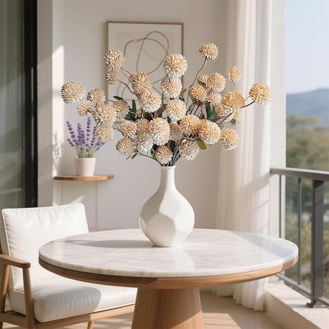10 Pcs Fake Flowers, Artificial Mums with Long Stems, Beige Faux Pompon Mums Floral Arrangement, Champagne Plastic Flowers Silk Dried Flowers Home Decor, Fall Decorations for Home Vase(No Vase)