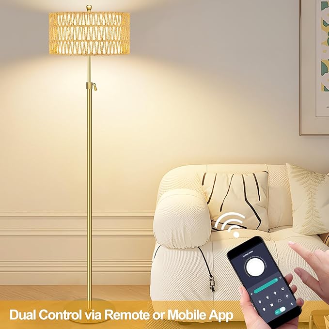 Gold Floor Lamps for Living Room Rattan Boho Floor Lamp with Remote Control,Dimmable Wicker Floor Lamps with 3 Color Temperature Modern Standing Lamp Brass Tall Floor Lamp for Bedroom Corner