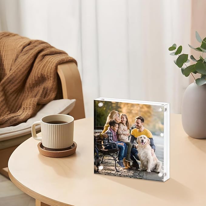 Acrylic Picture Frame 7x7, Clear Double Sided Frameless Photo Frame with Magnetic, Free Standing Desktop Acrylic Frame Display, Lucite Frame with Gift Box Package - 1 Pack