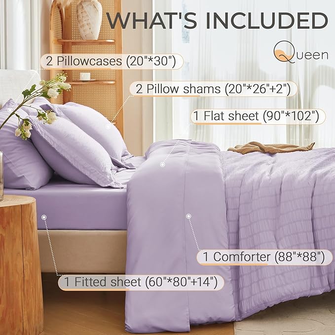 MUXHOMO 7 Pieces Queen Comforter Set, Seersucker Bed in a Bag Queen Size, All Season Luxury Bedding Set with Comforter, Flat Sheet, Fitted Sheet, Pillowcases & Shams, Lavender